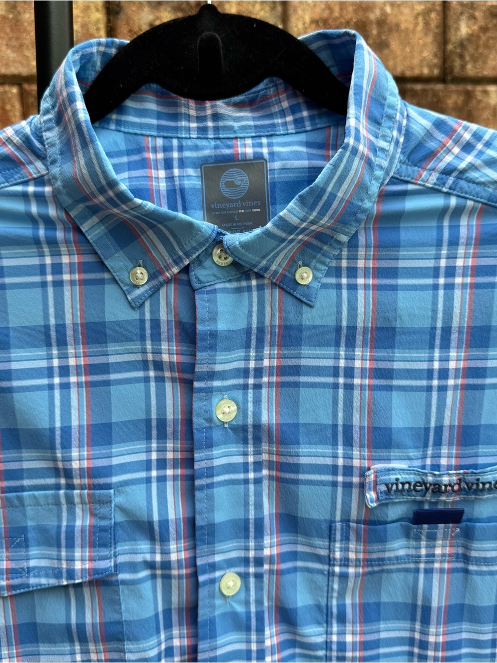 Vineyard Vines Harbor Button Down Performance Shirt in Light Blue Plaid Pattern